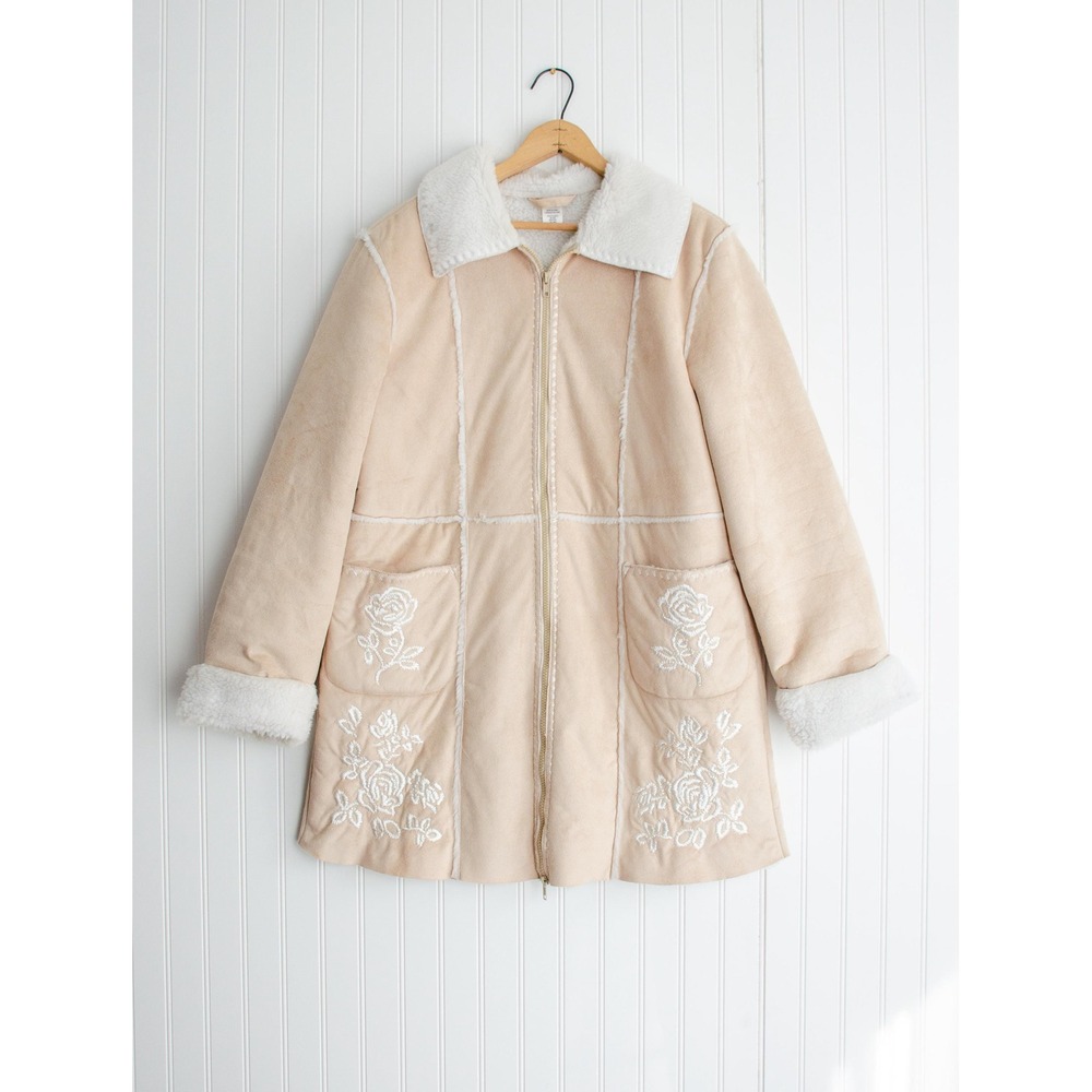 vtg beige faux leather microsuede sherpa embroidered y2k jacket - Picture 2 of 5